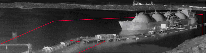 A thermal image of a docked tanker with a virtual perimeter fence